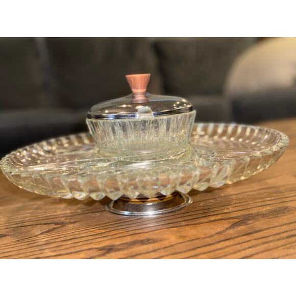 Kromex 12” Lazy Susan, 4-part Divided Glass Tray & Covered Bowl on Chrome Server - Picture 2 of 9
